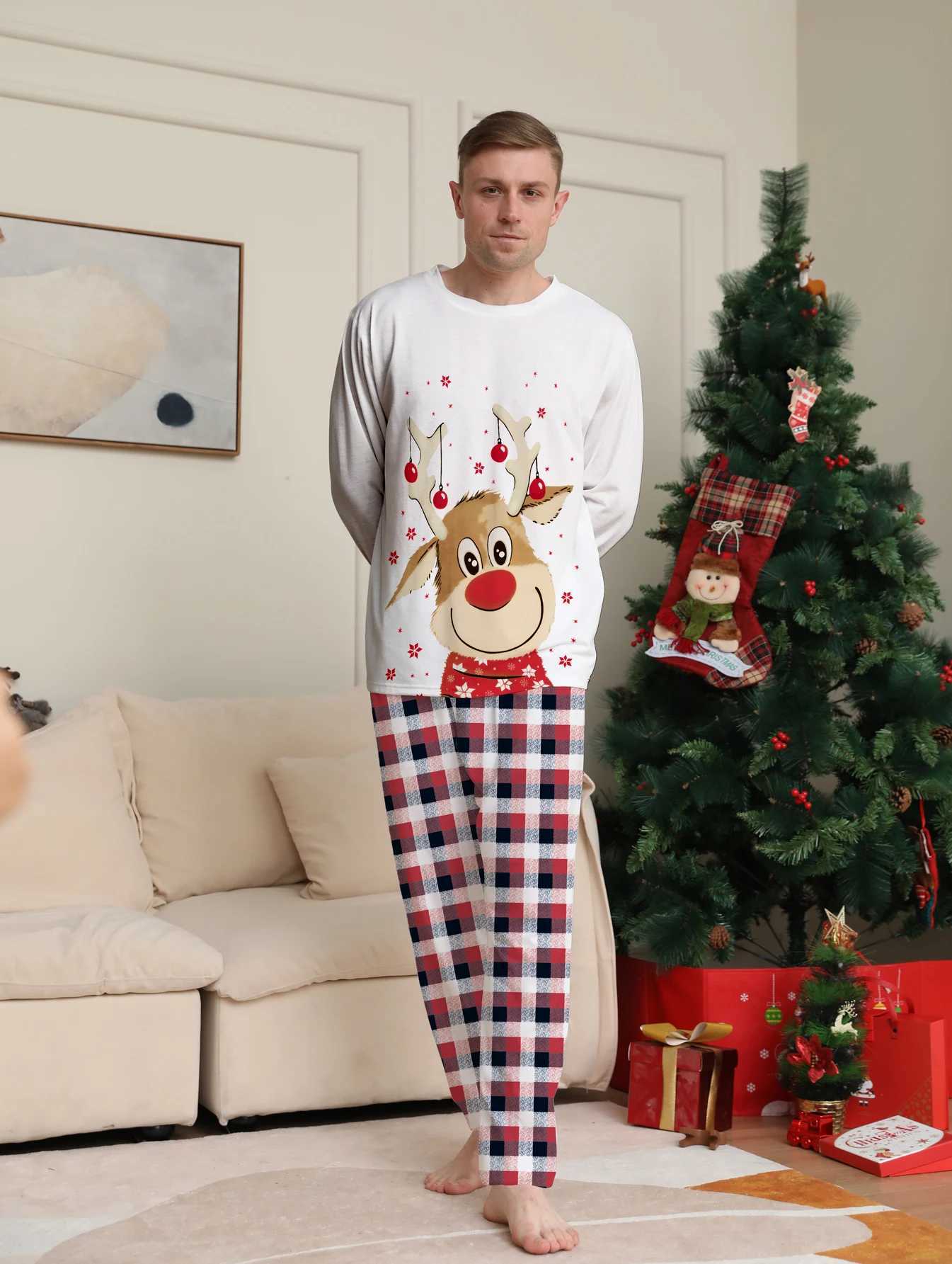 Festive Family Matching Pajamas White Reindeer Christmas Themed Top Red Plaid Pants Set L251021EVQM