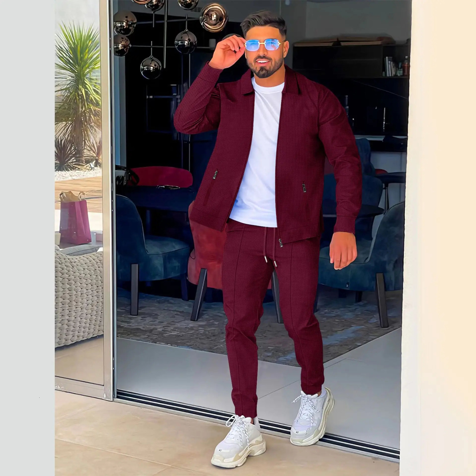 Crossborder SpringAutumn Zipper Pocket lapel Trendy Jacket Trousers Mens sportswear Streetwear Set 251021