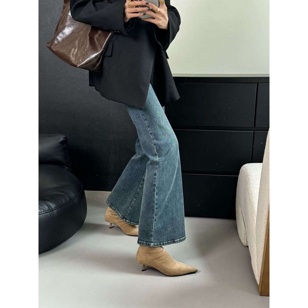 Autumn Winter Soft Sole Elastic Slim Pointed Toe Stiletto Women Short Small Heel Versatile Black Suede Designer Shoe Single Boots