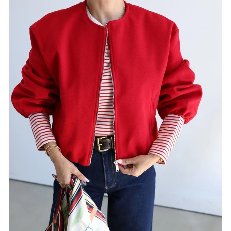 MUJER Red Zipper Bomber Jackets for Women Soft Cropped Woman Long Sleeve Womans Sports Jacket in Outerwears 251106