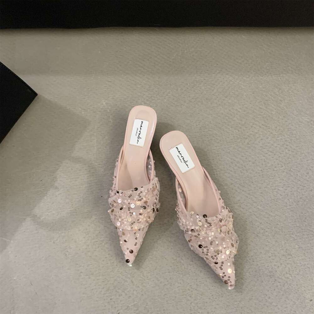 Pointed Toe Shallow Mouth Mules 2025 Spring New Women's Designer Lace Hollow Shoes Thin Mid Heel & Versatile for Outdoor Wear