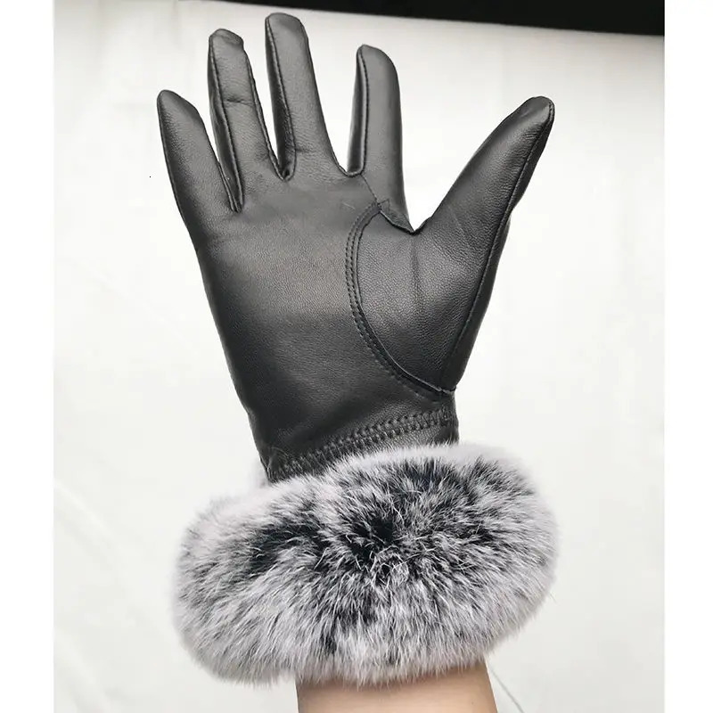 Women Winter Genuine Sheepskin leather Glove With Rex Rabbit Fur Cuff Warm Winter Female Genuine Leather Gloves Hand Warmer 251020