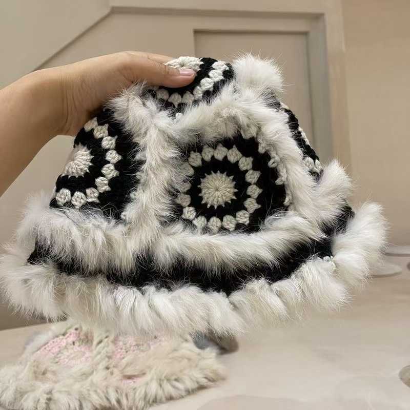 Rabbit Fur Lion Dance National Trend Knitted Hat for Women Cute Plush Fisherman Hat Fluffy Knitted Tiger Head Hat for Autumn and Winter H251020