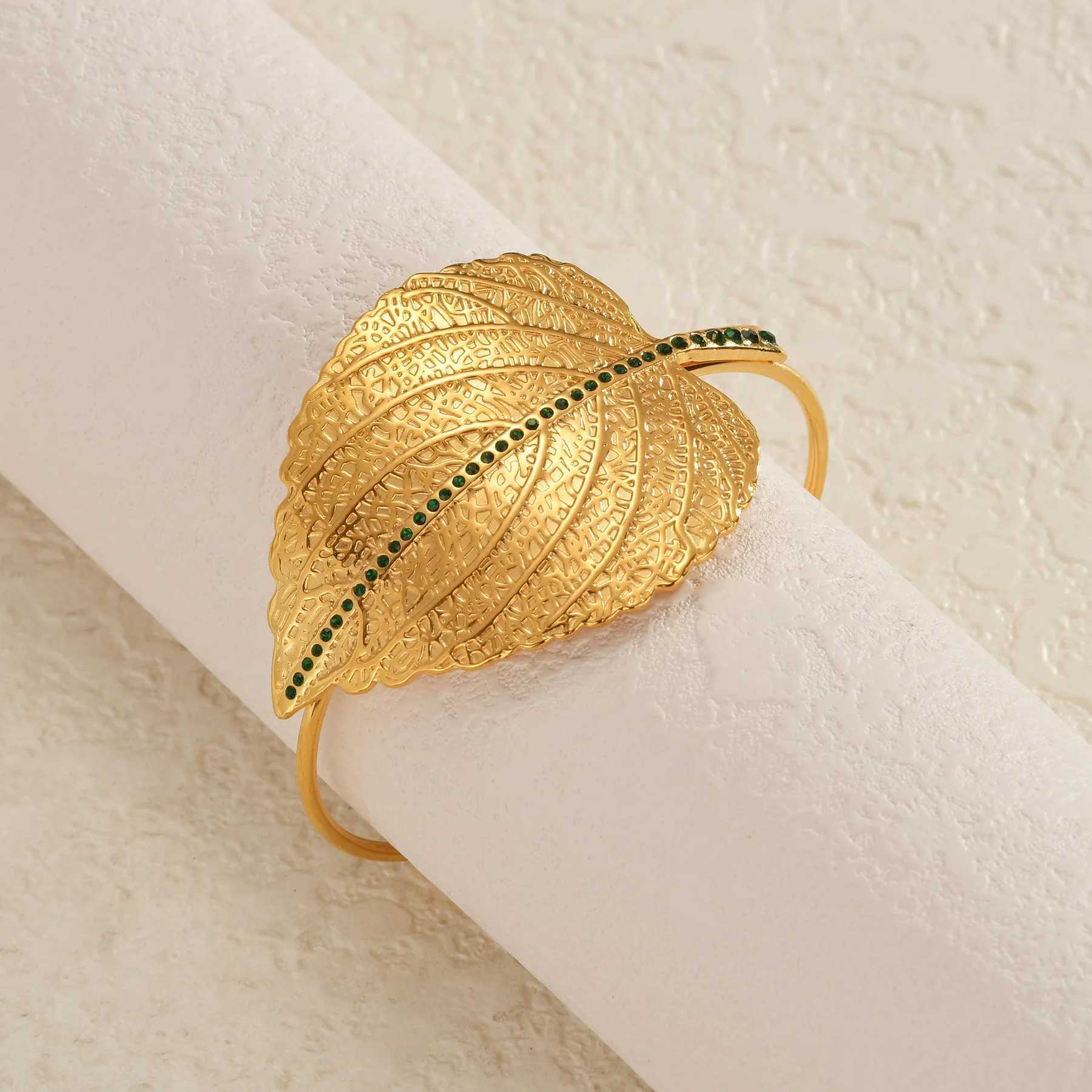 Freetime Luxury Green Stone Leaf Shaped Bangle Gold Color Stainless Steel Open Bracelet Jewelry Accessories for Women J251021