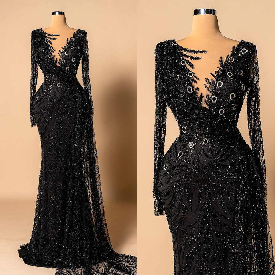 Modern Mermaid Evening Dress Long Sleeve Prom Gowns O-Neck Beads 3D-Lace Satin Sexy Prom Dress vestidos de novia Size Customized Robes De Mariee L2526