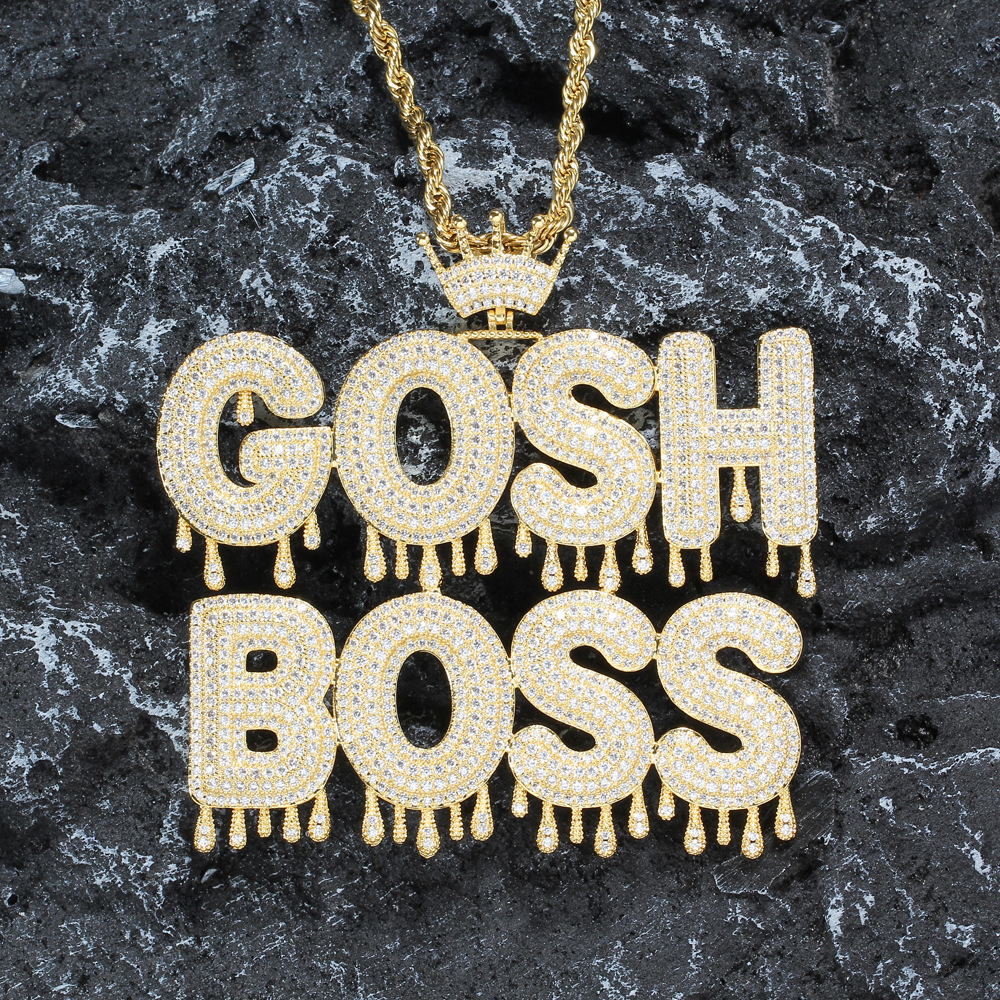 Hip Hop A-Z Custom Letter Pendant Necklace Waterdrop Leters with Crown Clasp 18K Real Gold Plated Jewelry