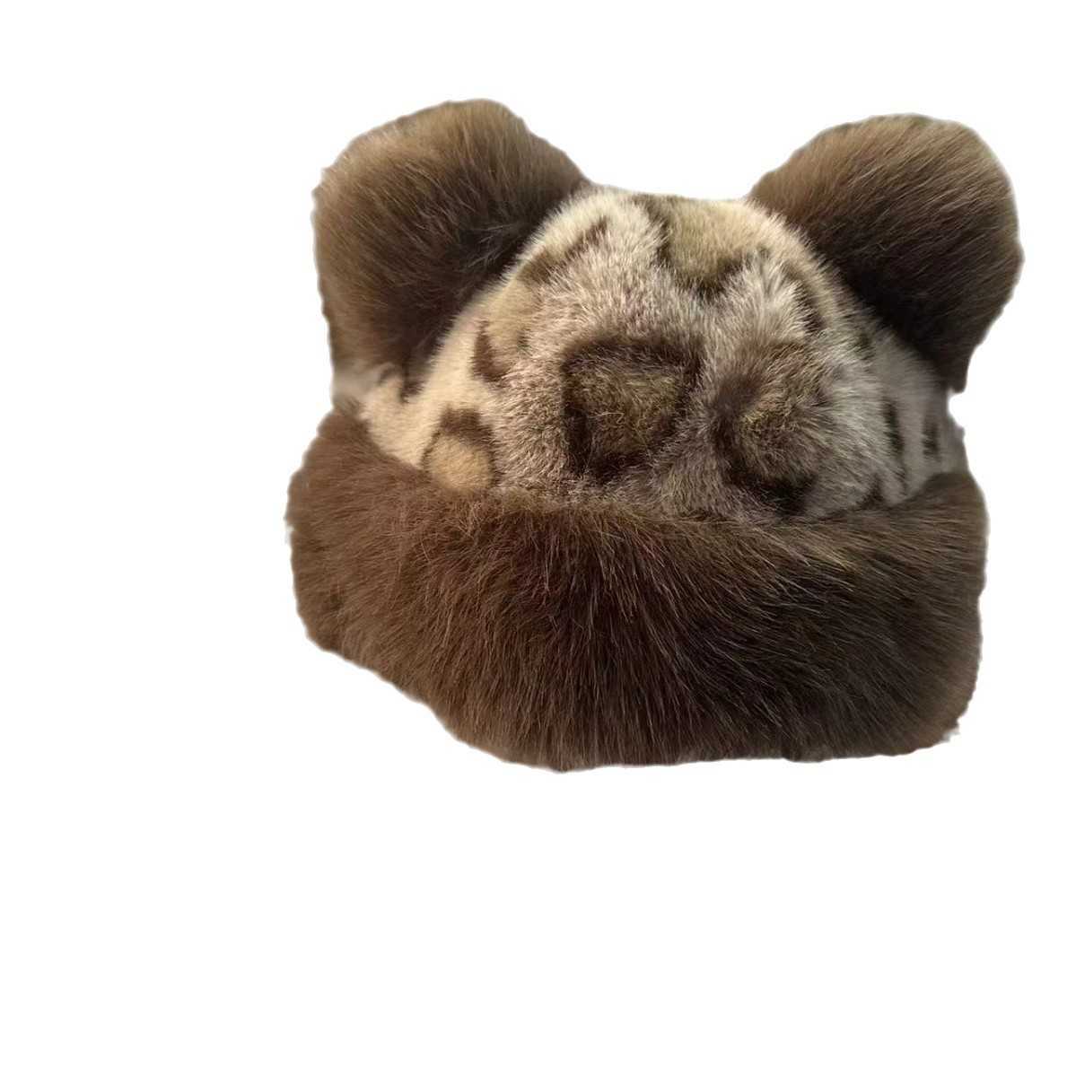 New Leopard Print Bear Hat for Women Cute and Versatile Coldproof Ear Protection Hat Fashionable and Warm Faux Fur Hat for Autumn and Winter H251020