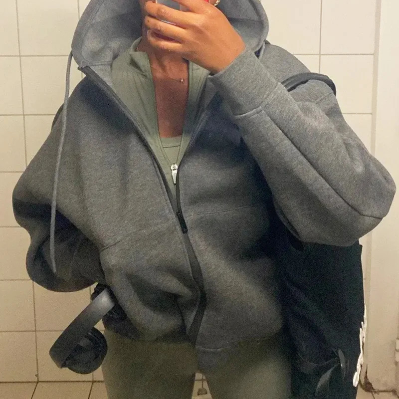 HXAO Hoodie Woman Outerwears Long Sleeve DemiSeason Women Jacket Coat Casual Sweatshirt With Zipper Grey Black Coats 251021