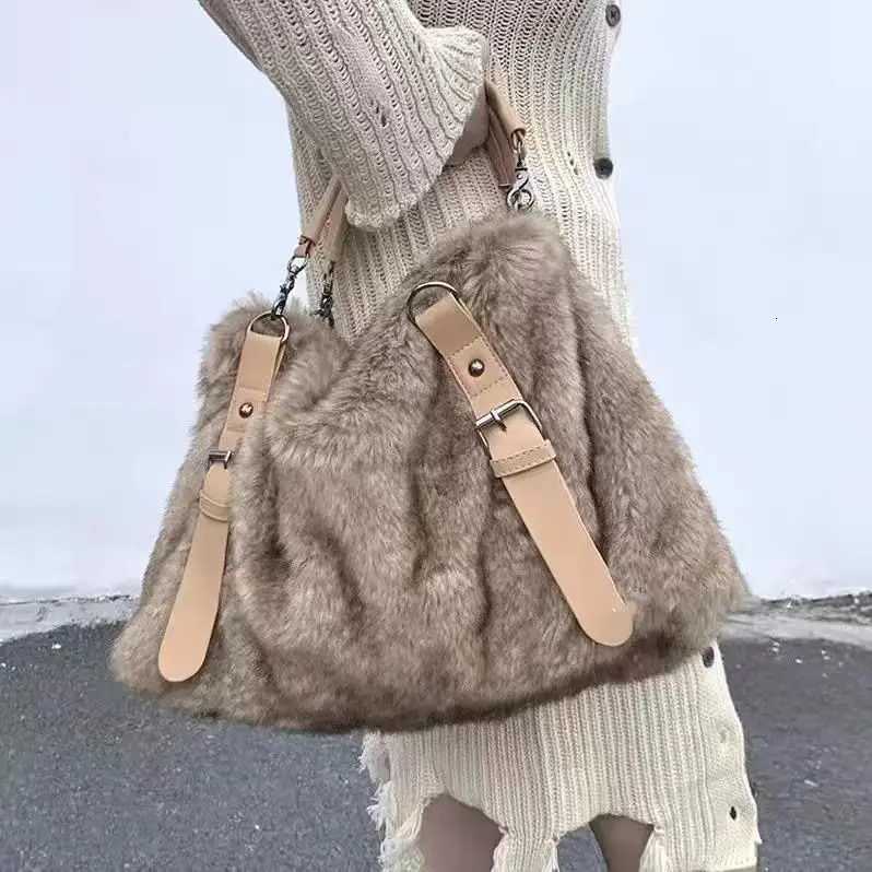 JIAERDI Plush Large Capacity Tote Bag Women Vintage Autumn Winter Fur Soft Khaki Handbag Female Retro Casual Messenger Bag Y2k Z251018
