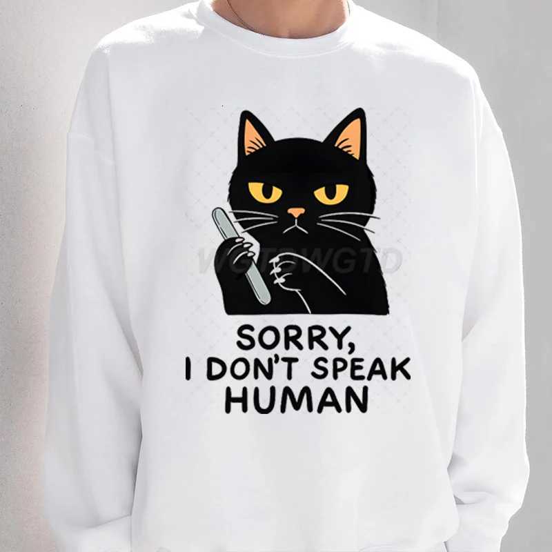 I Dont Speak Human Graphic Sweatshirts Men Street Style Black Cat Mens Clothes Funny Gift for Cat Lover Longsleeved Sweater W251021