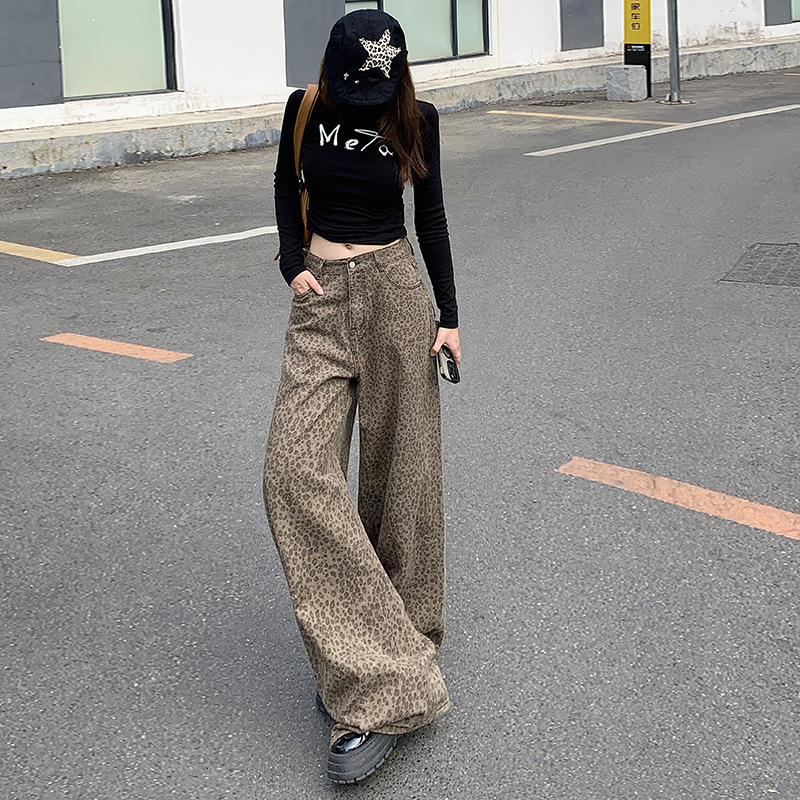 2025 heart-shaped embroidery retro leopard print designer pants print American wide leg loose new autumn and winter jeans long luxury pants long cotto