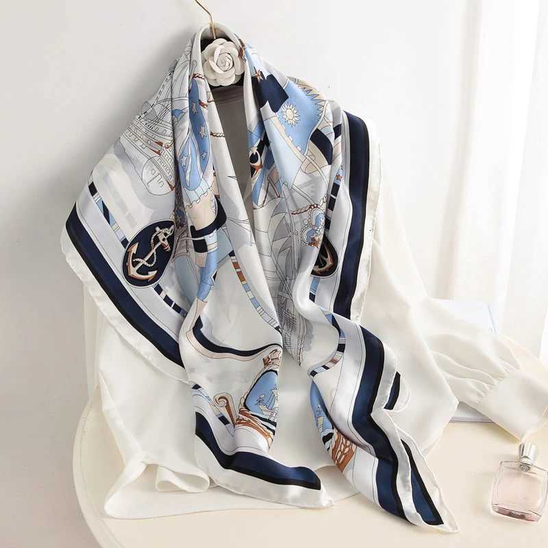 9090cm Women Square Silk Scarf Luxury Brand Large Shawl Neckerchief Print Headband Female Foulard Bandana Wraps Hijab Scarves W251021