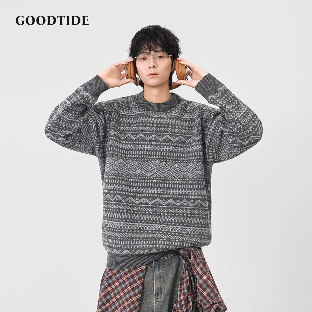 Fashion Mens Casual Crew Neck Sweater 2025 Winter Ethnic Pattern Knitted Pullover Comfortable Soft Long Sleeve Jumper Top 251020