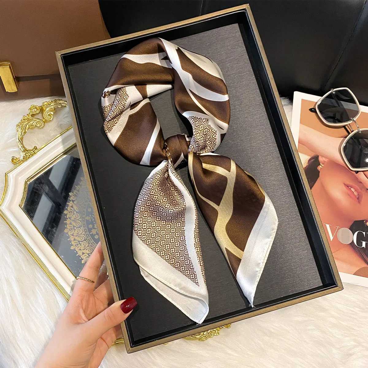 Luxury Silk Square Scarf Women Floral Print Soft Satin Hairband Neckerchief Hijab Female Headband Foulard Bag Kerchief W251021