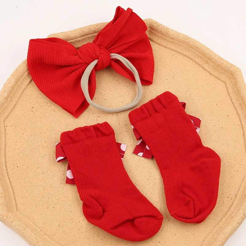 2Pcs Cute Baby Headbands Socks Red Christmas Hair Bands for Infant Short Sock Korean Dot Plaid Heart Print Bow Headwear 251021