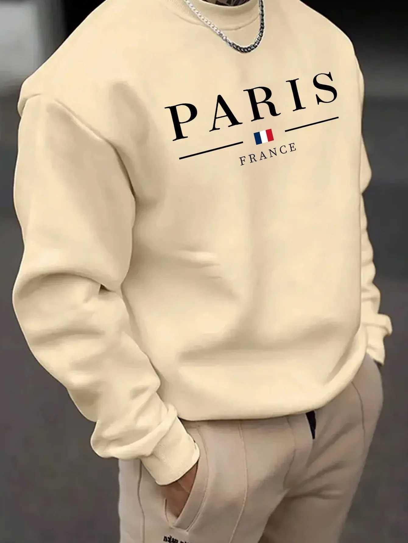 Mens autumn and winter fashionable casual loose Paris letter print fleece pullover long sleeved round neck sweatshirt W251021