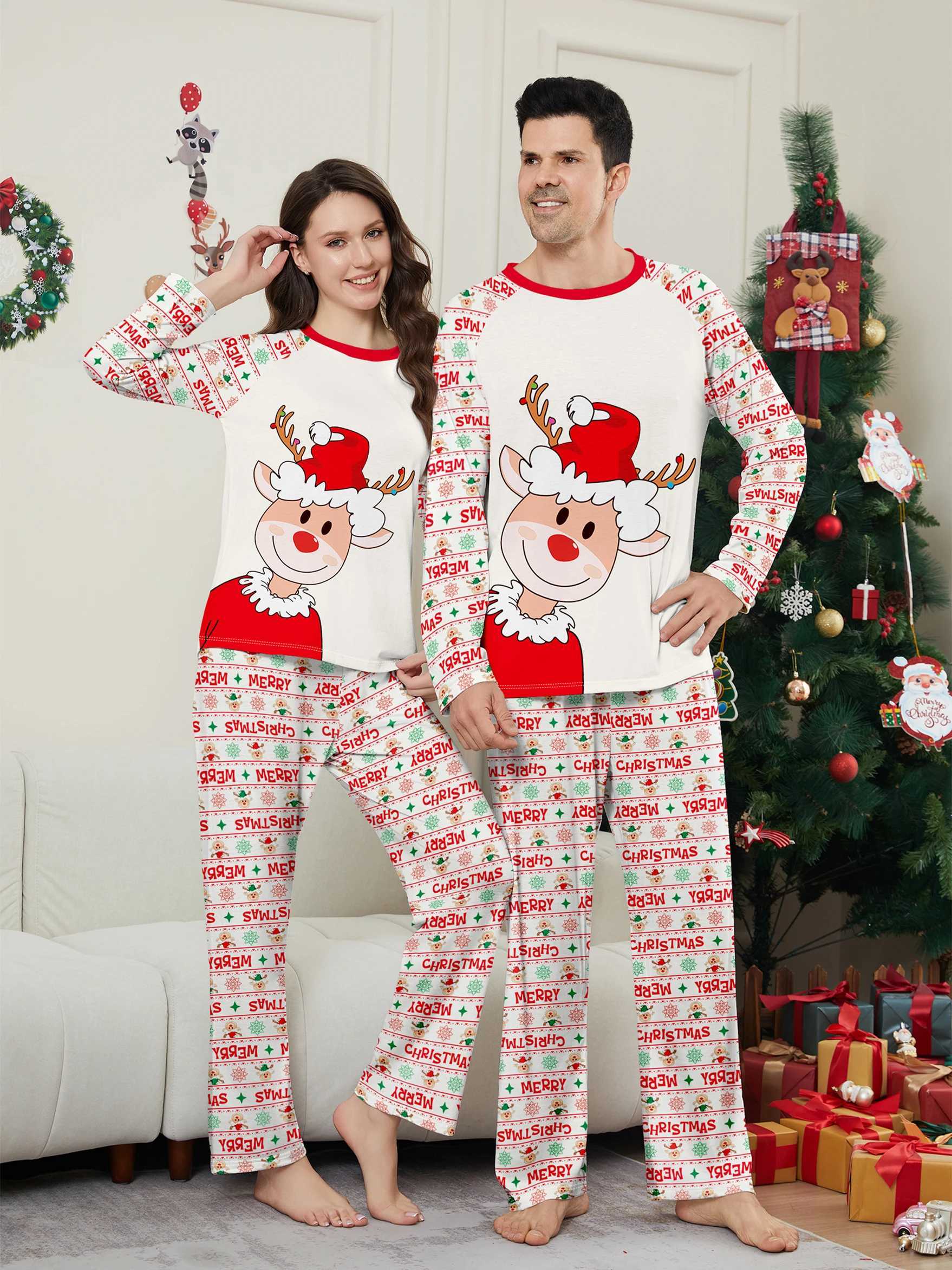 Christmas Family Sleepwear Set Cartoon Reindeer Merry Christmas Print Red White Pajamas L251021GGD7