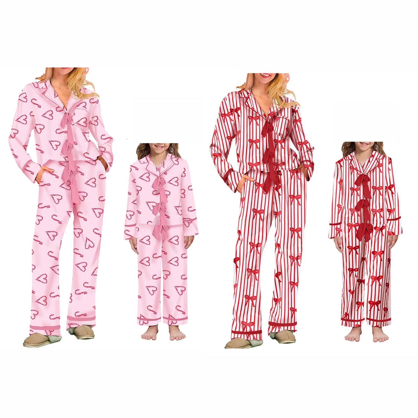 Mommy and Me Matching 2Piece BowHeart Print Pajamas Set Tie Front Long Sleeve Lapel Neck Tops Pants Family Matching Sleepwear 251021