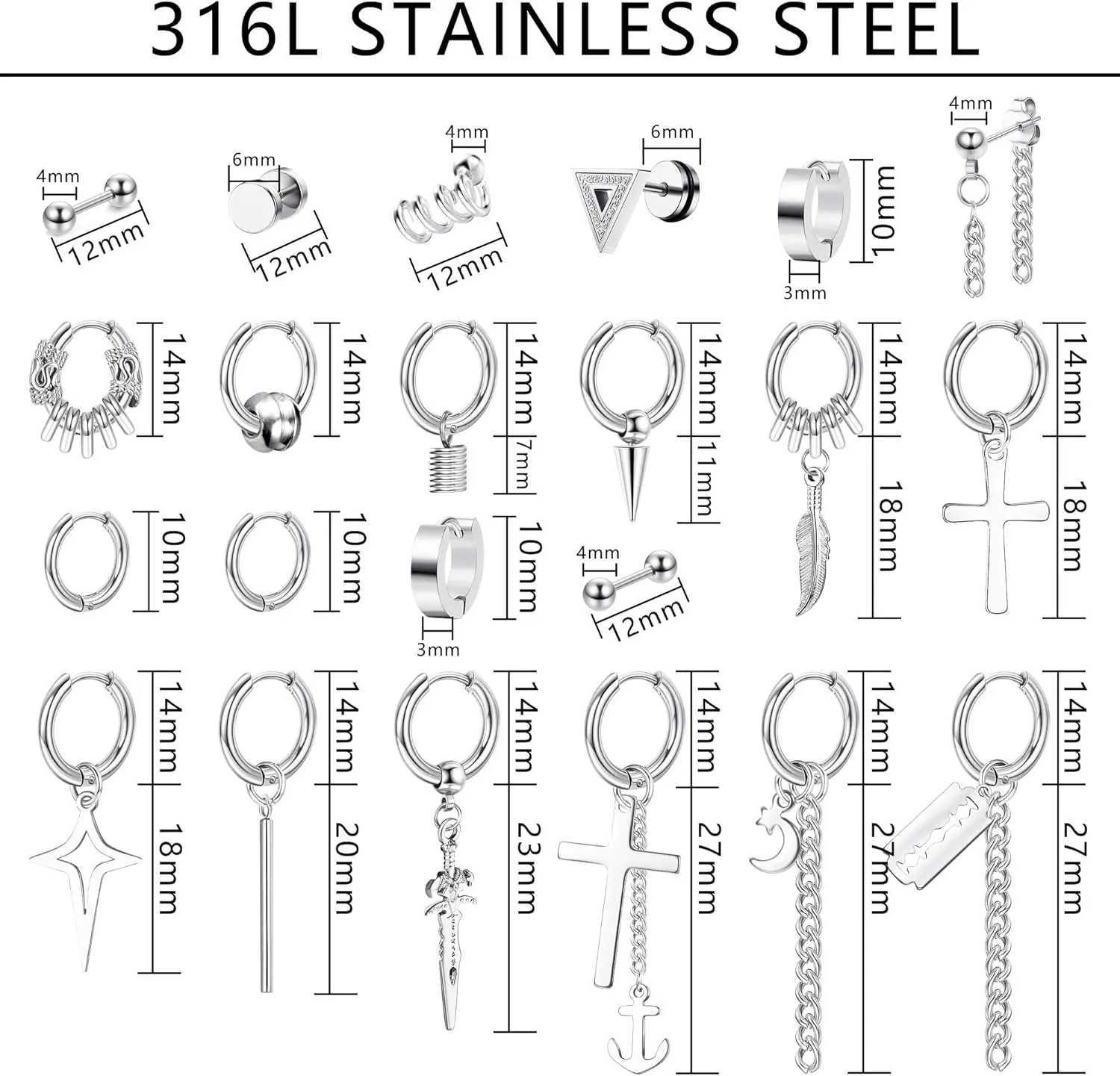 Bobisty 26pcs 18G Hoop Earrings for Men Stainless Steel Stud Emo Men Earrings Chain Cross Dangle Earrings Piercing Jewelry J251021