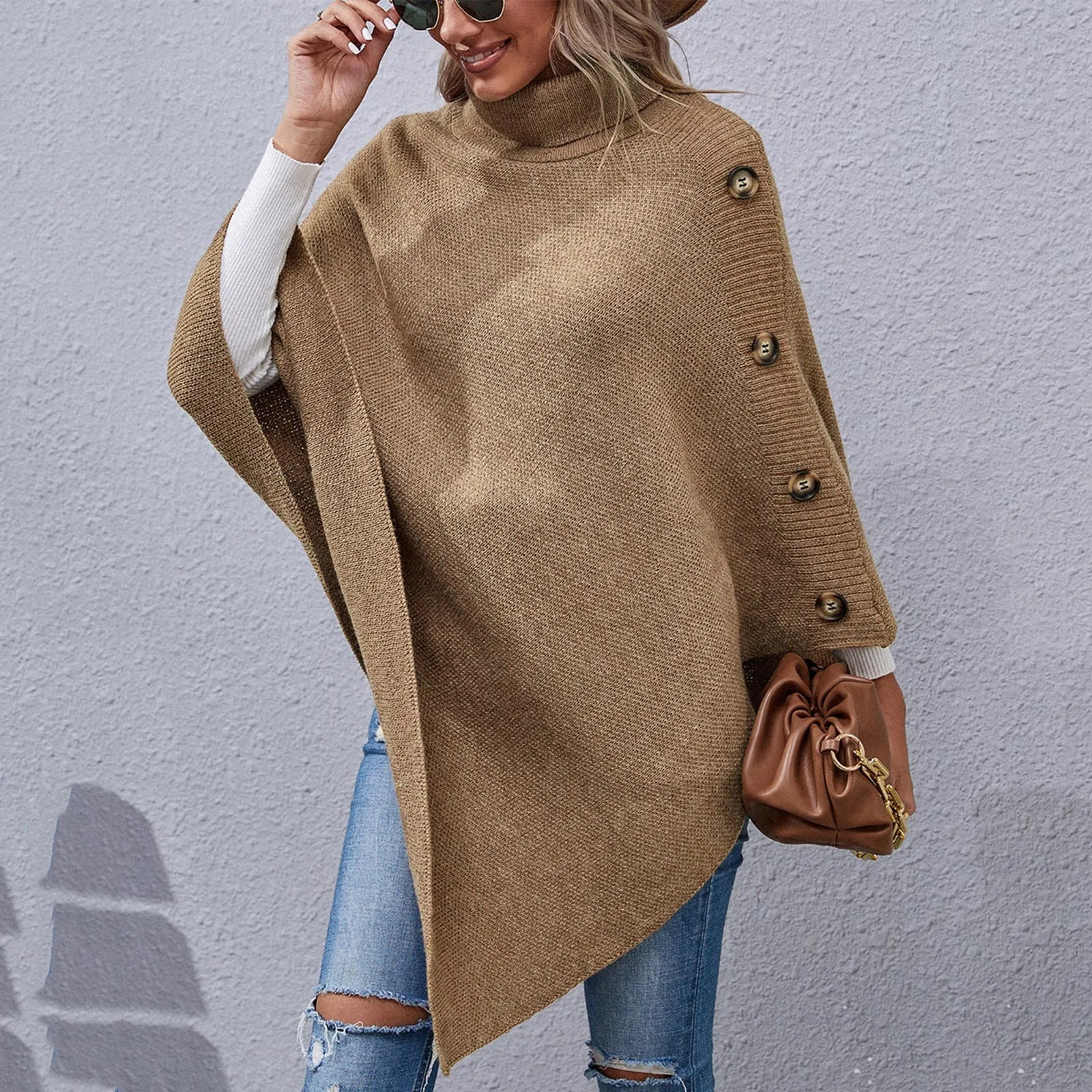 WomenS Fashion Temperament Casual Button Turtleneck Irregular Sweater Cape Coat Elegant Womens Shawl Scarf 251021