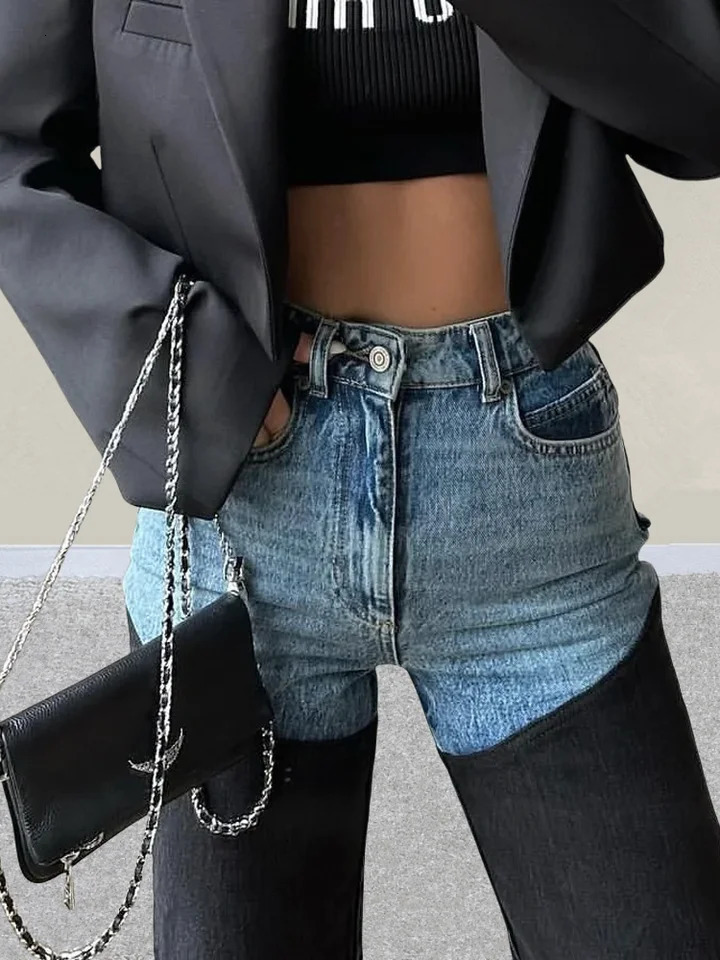 Trashy Y2K 2000S Washed Blue Black Patchwork Slim Stretch Jeans Pants For Women Clothing Casual Lady Denim Trousers Ropa Mujer 251020