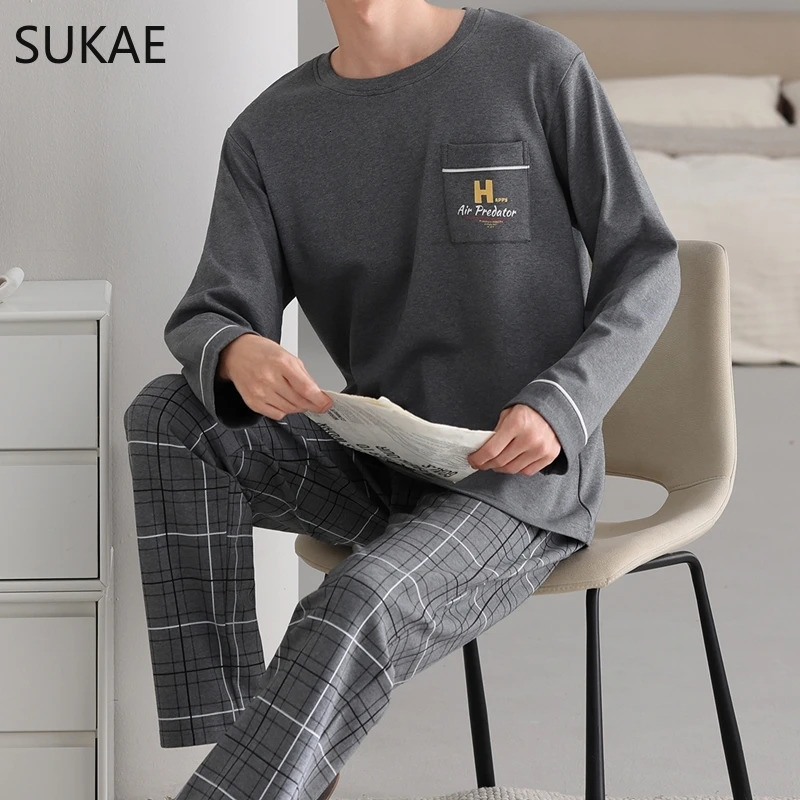 SUKAE Smart Casual Boys Big Pajamas Set Autumn Winter Cotton Nightwear for Big Guys L6XL Plus Size Business Mens Loungewear 251021