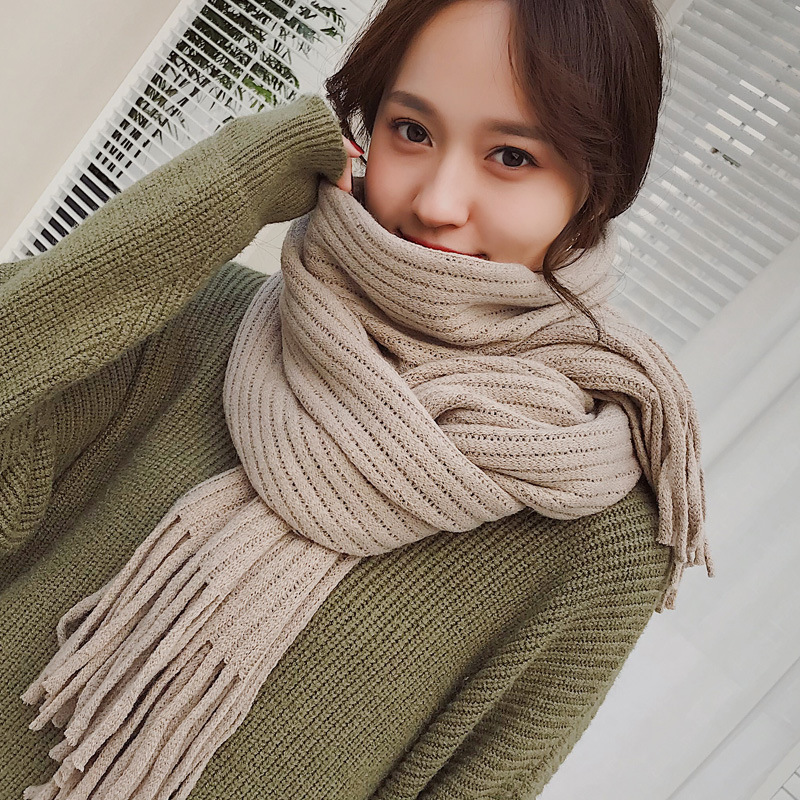 Z0118 Women's winter long thick imitation cashmere scarf student wool tassel knitted couple neck guard fashionable all-match