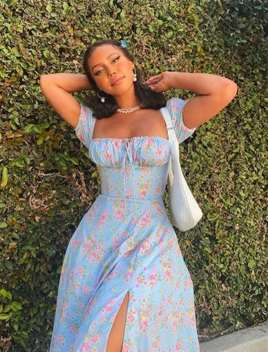 2025 Autumn New Women's Printed French Floral Backless Slim Fit Split Dress