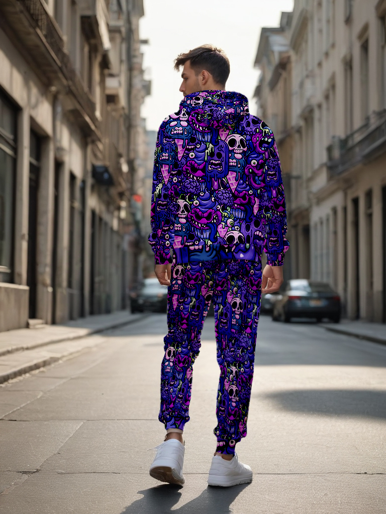 Men's Ankle-Length Knitted Hoodie Casual Outdoor Polyester T-Shirt Long Sleeve Adjustable Drawstring Gradient Print Hoodie for Autumn Wear - LMWY