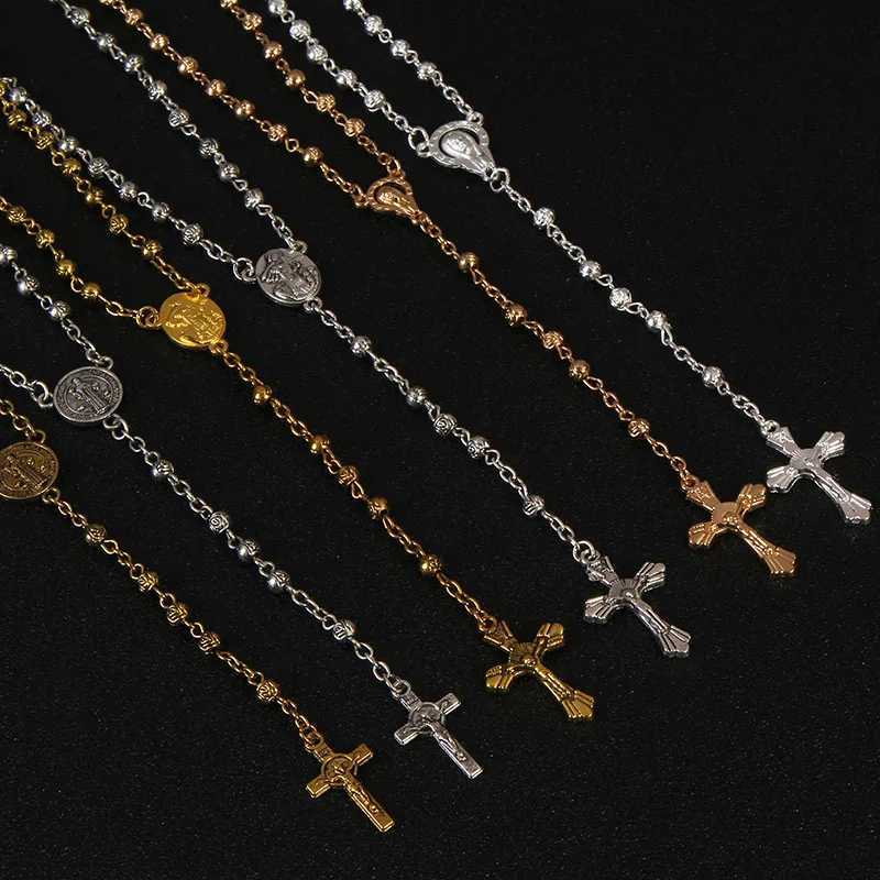 4mm stainless steel bead necklace vintage gold rosary small necklace female necklace Jesus cross necklaceXJ251018