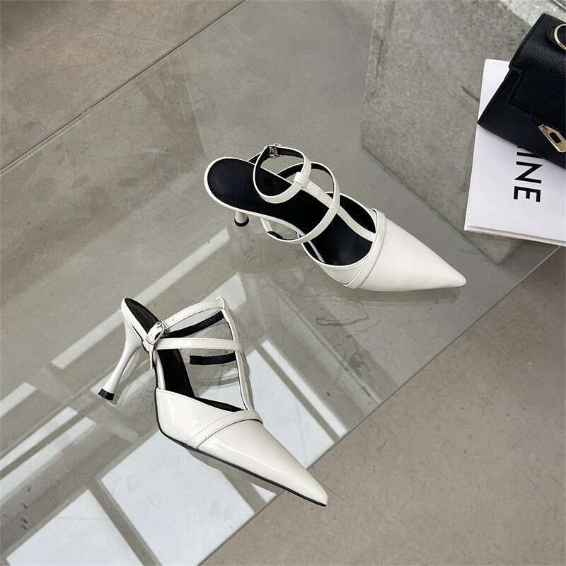 Shiny Leather Versatile One-Strap Pointed High Designer Shoe Heels 2025 Spring New Thin Heel Shallow Mouth Closed Toe Backless Sandals