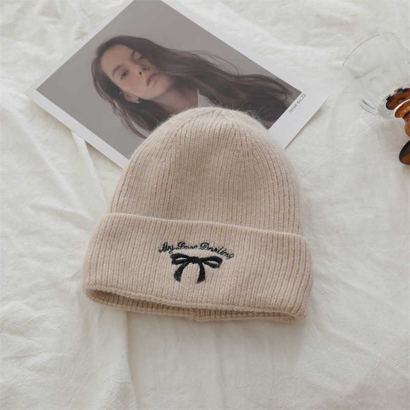 Style Bowknot Knitted Embroidered Hat Unisex Warm Rabbit Fur Yarn Hat for Women H251020