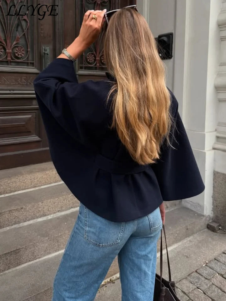 Elegant Womens Belt Short Woolen Coats Loose Stand Collar Singlebreasted Long Sleeve Jacket Autumn Lady Commute Outwear 251013