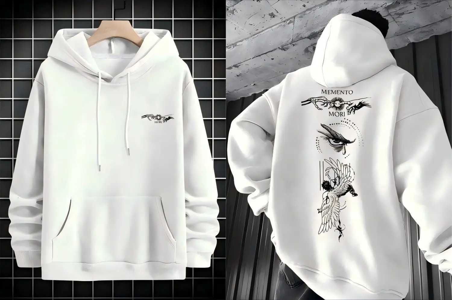 Hot selling mens autumn fashion angel falling print comfortable soft hooded sweatshirt outdoor city high street W251021
