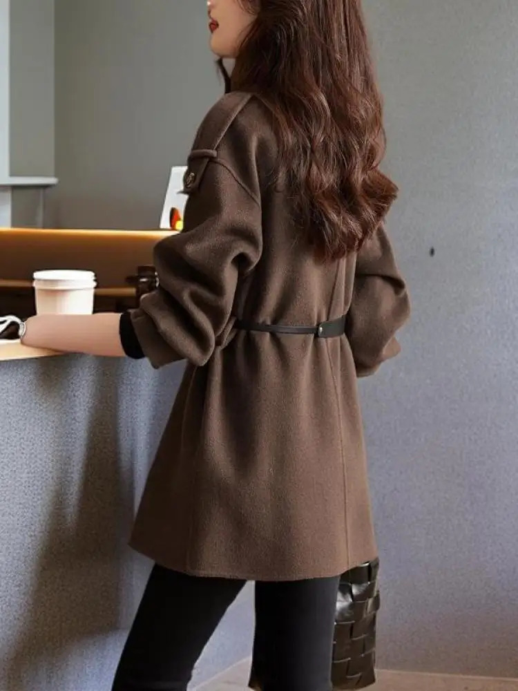 Korean Version Women Brown Single Breasted Woolen Coat Autumn Winter Vintage Long Sleeve Loose Holiday Tops Ladies 251017