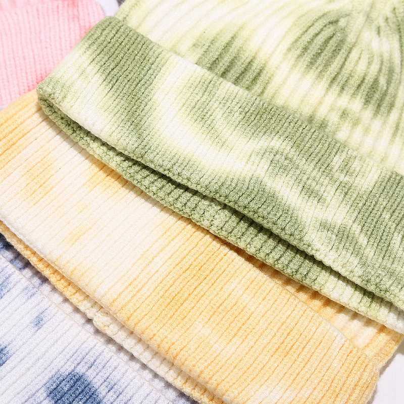 New Tie Dyed Knitted Hat Womens Street Trend Wool Skin Hat Mens Autumn Warm Bean Hat H251020