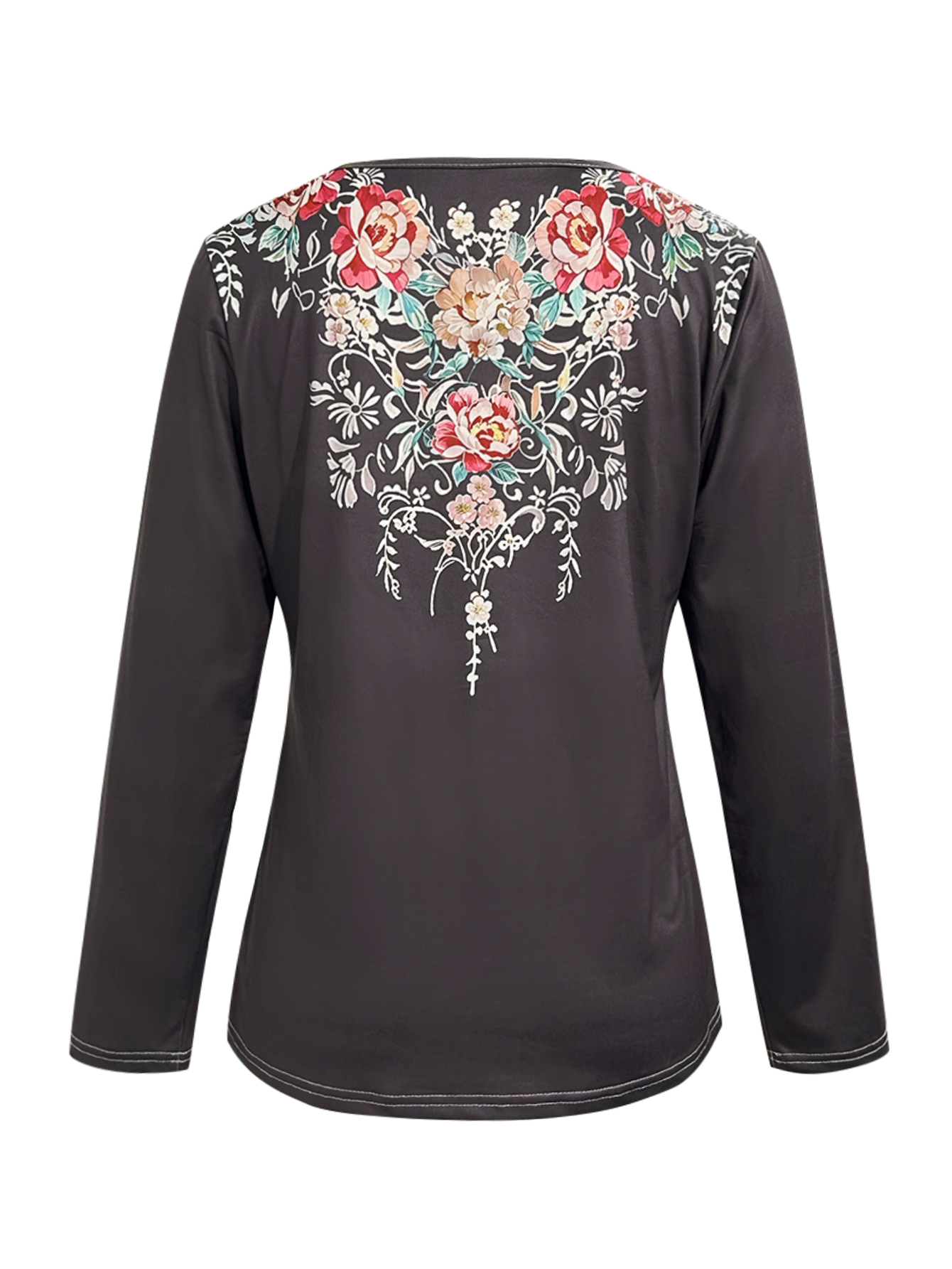 Women's Autumn & Winter New Ethnic Style Floral Printed Fashion Long Sleeve Top, Milk Silk Casual Versatile T-Shirt (S-XXL, Black)-CF52893