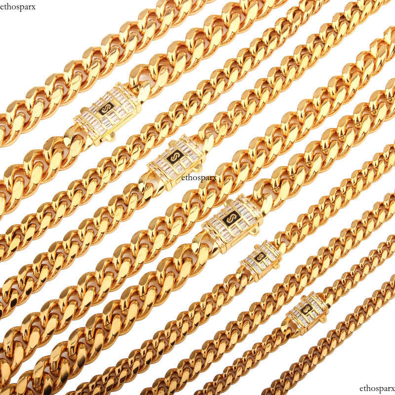 6mm-14mm Hip Hop Stainless Steel Miami Cuban Link Chain Real Gold Plated T Zircon Clasp Mens Necklace Jewelry