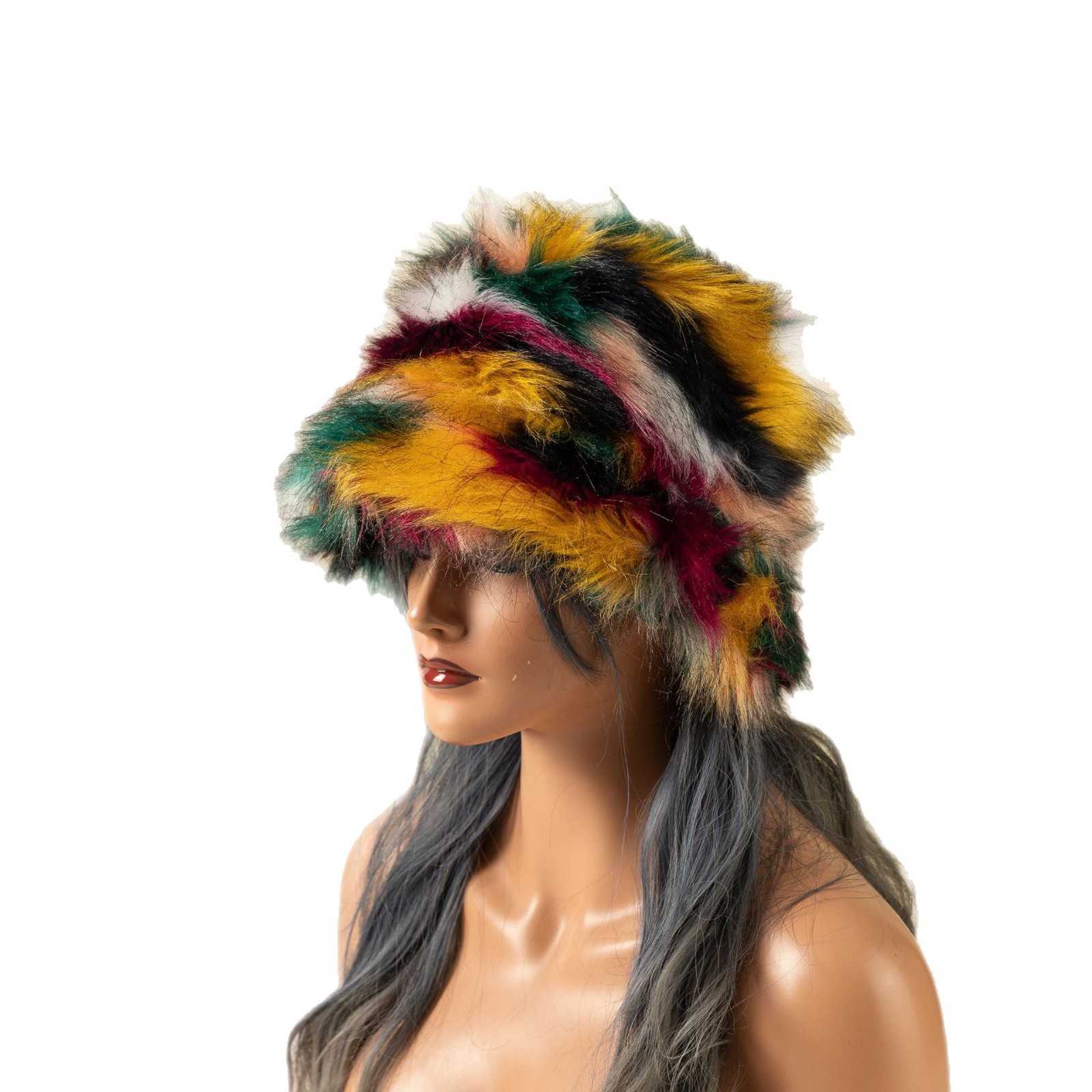 Faux Fur Hat Fashionable Warm Plush Fisherman Hat Colorful Faux Fox Fur Trendy Bucket Hat Straight Hair H251020