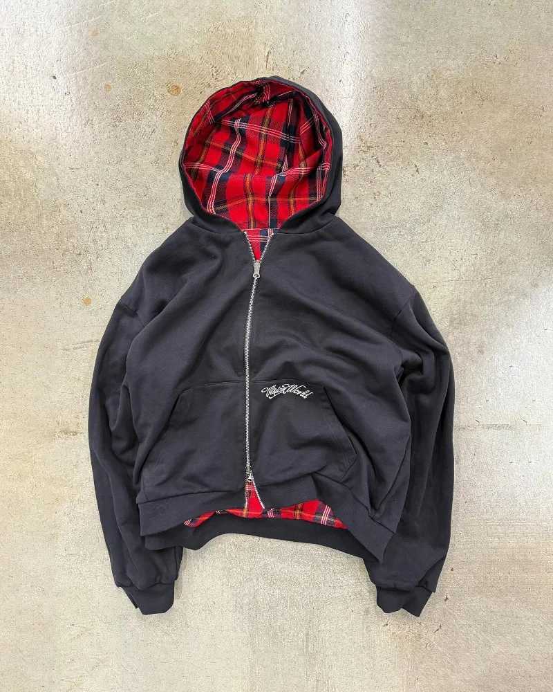 Retro Y2K trendy checkered simple design fashionable loose sweatshirt Gothic Harajuku punk couple casual zipper jacket W251021