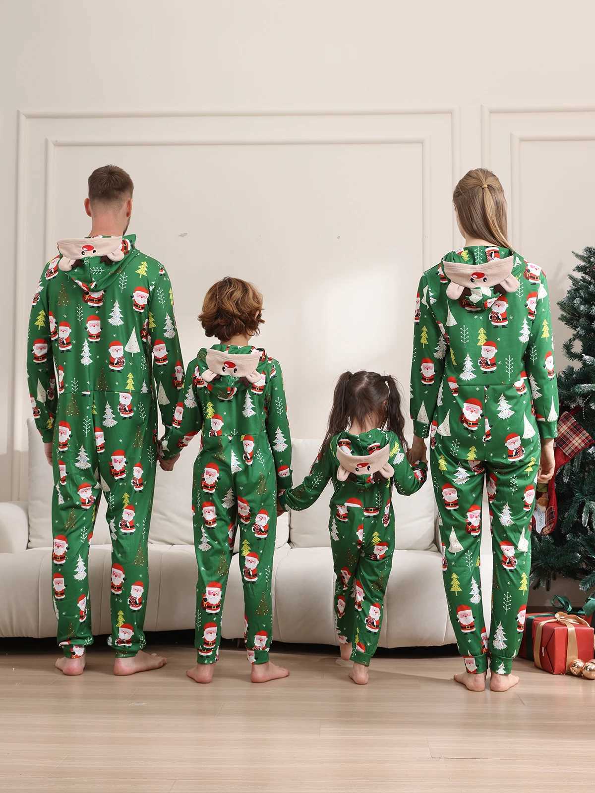 New Christmas Family Look Onesies Santa Print Onepiece Jumpsuit Adults Kids Matching Pajamas Cute Zipper Hooded Romper Xmas Pjs L251021266X