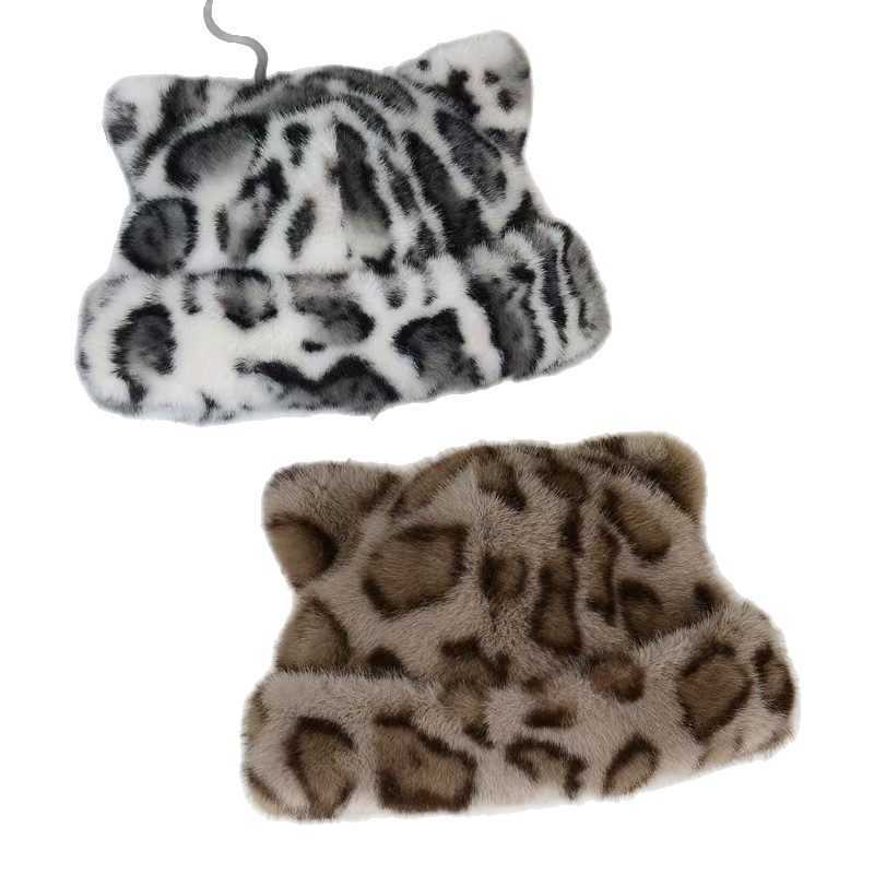 Leopard Print Plush Fisherman Hat Hat for Women Autumn Winter Hat Warm Ear Protection Imitation Mink Fur H251020