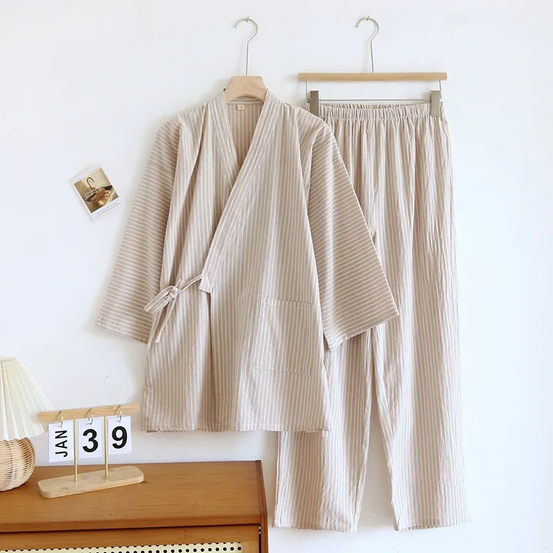 Striped Kimono Robes Set Pajamas for Mens Sleepwear Cotton Loose Oversized Long Pants Thin Sweat Steamed Home Clothes 251021