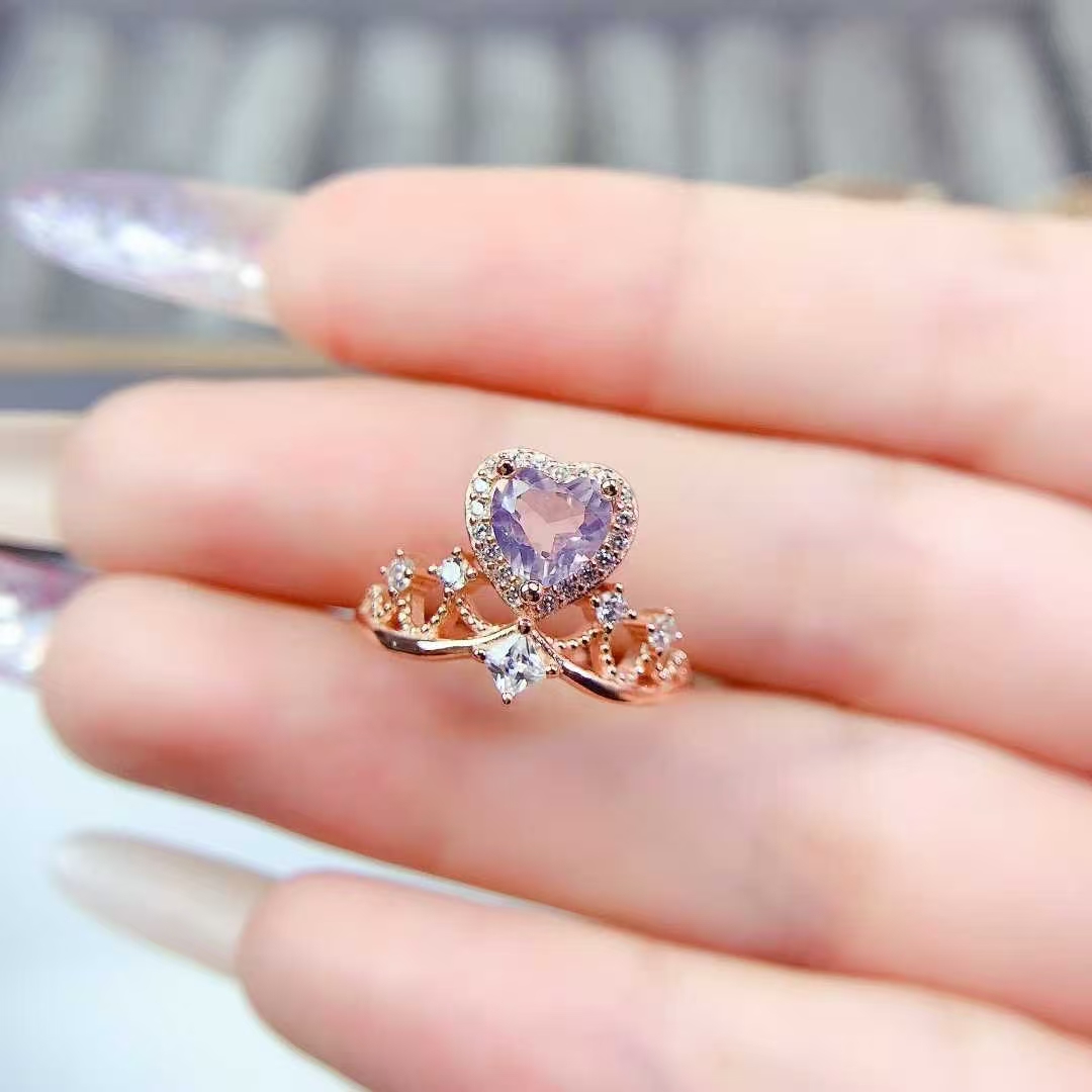 Vintage 925 silver crown ring natural amethyst ring 6mm real light purple amethyst jewelry with 18K gold plating