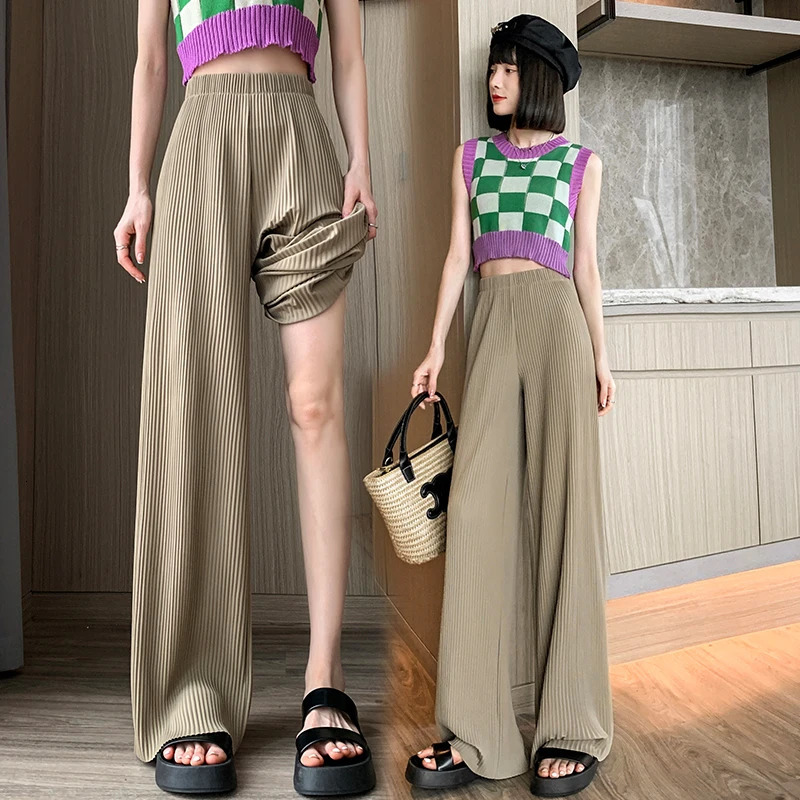 Spring Summer Ice Silk Pleated Loose Women Wide Leg Full Pant 2025 High Waist Casual Minimalism Straight Trousers for Womens 251015