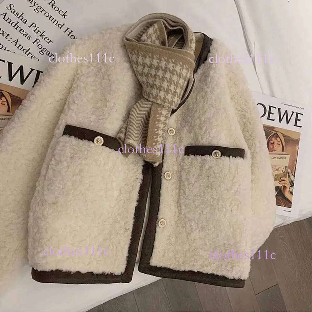Original Tweed Style Lamb Wool Women's Thickened Color Blocking Leather Integrated Sheep Veet Short Jacket Crew Neck