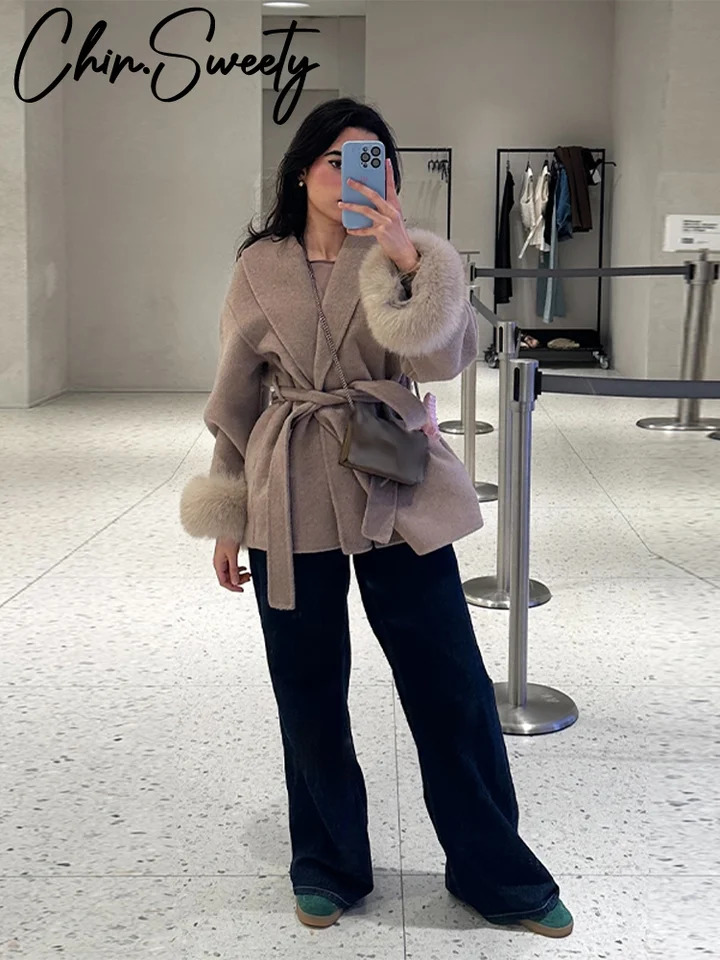 Elegant Lace Up Woolen Coats Women Solid Full Sleeve Turndown Collar Loose Thick Warm Coats 2025 Autumn Winter Outwears Lady 251021