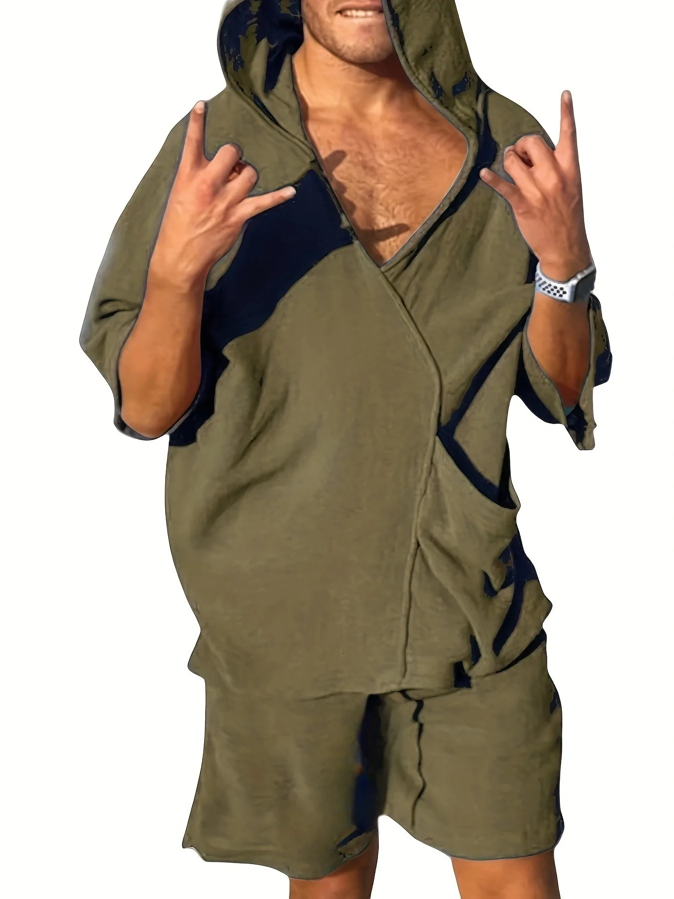 2025 mens Vneck fashion shortsleeved shorts twopiece summer thin mens hooded beach leisure outdoor suit 251021