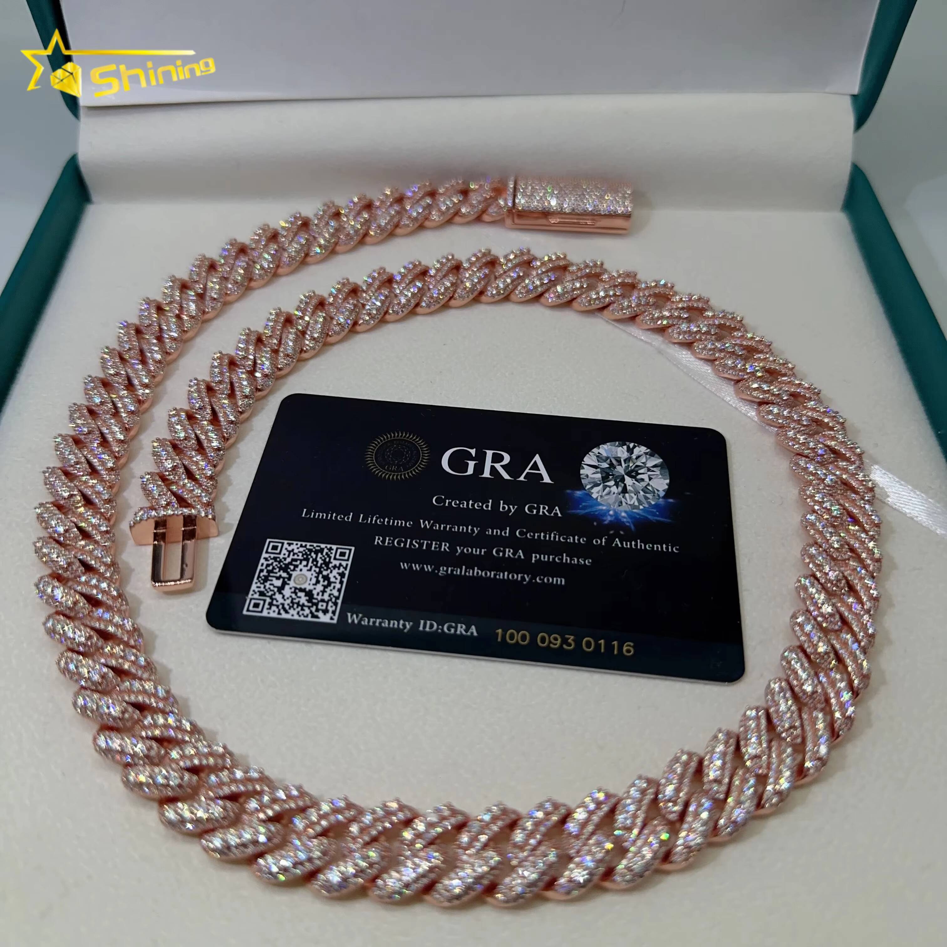 Hip Hop Jewelry 13MM Iced Out Cuban Necklace 925 Silver Rose Gold Plated VVS D Color Infinity Link Moissanie Cuban Link Chain