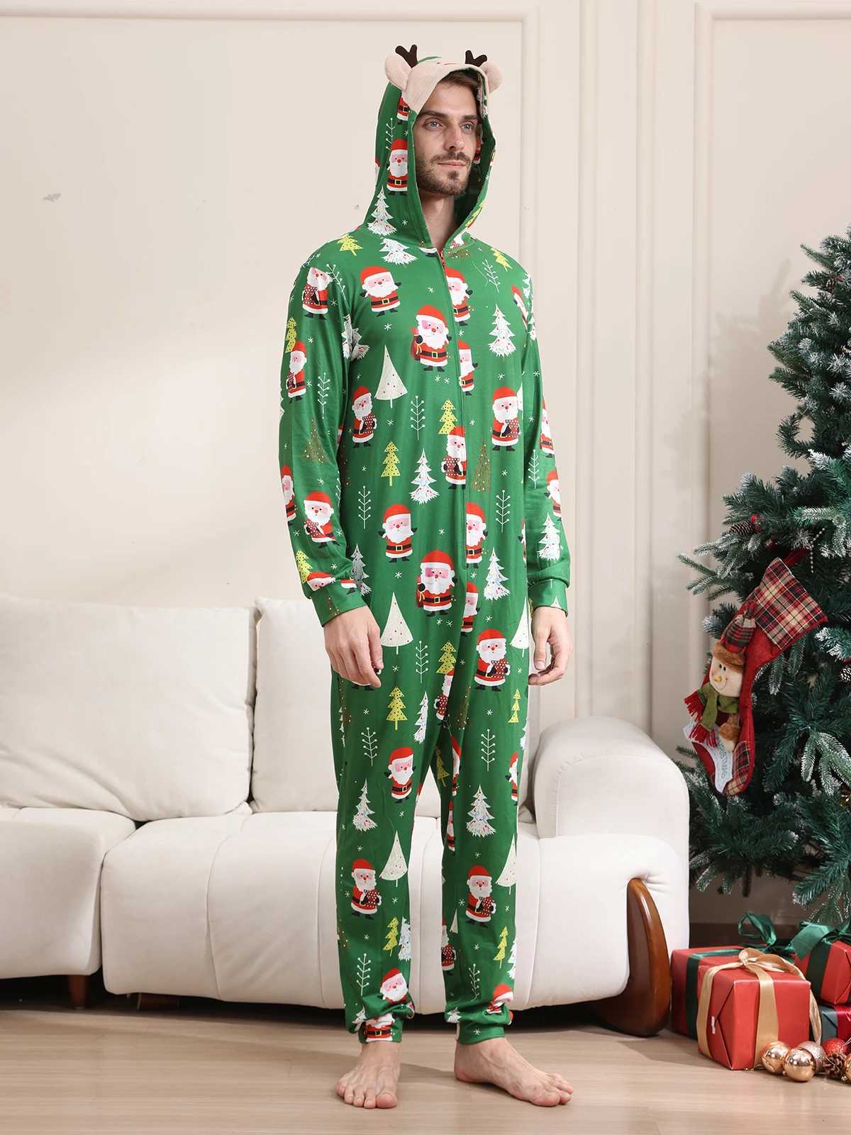 New Christmas Family Look Onesies Santa Print Onepiece Jumpsuit Adults Kids Matching Pajamas Cute Zipper Hooded Romper Xmas Pjs L251021266X